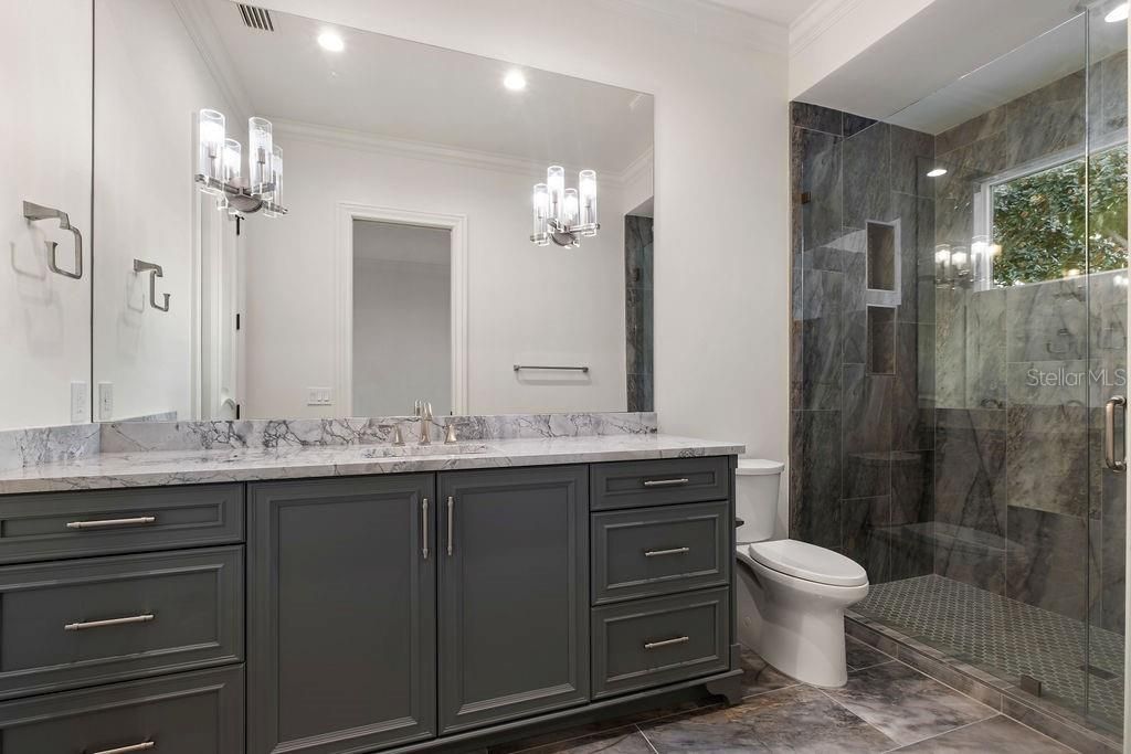 Bathroom, Dual Sink Vanities, Glass Shower, Interior, Recessed Lighting