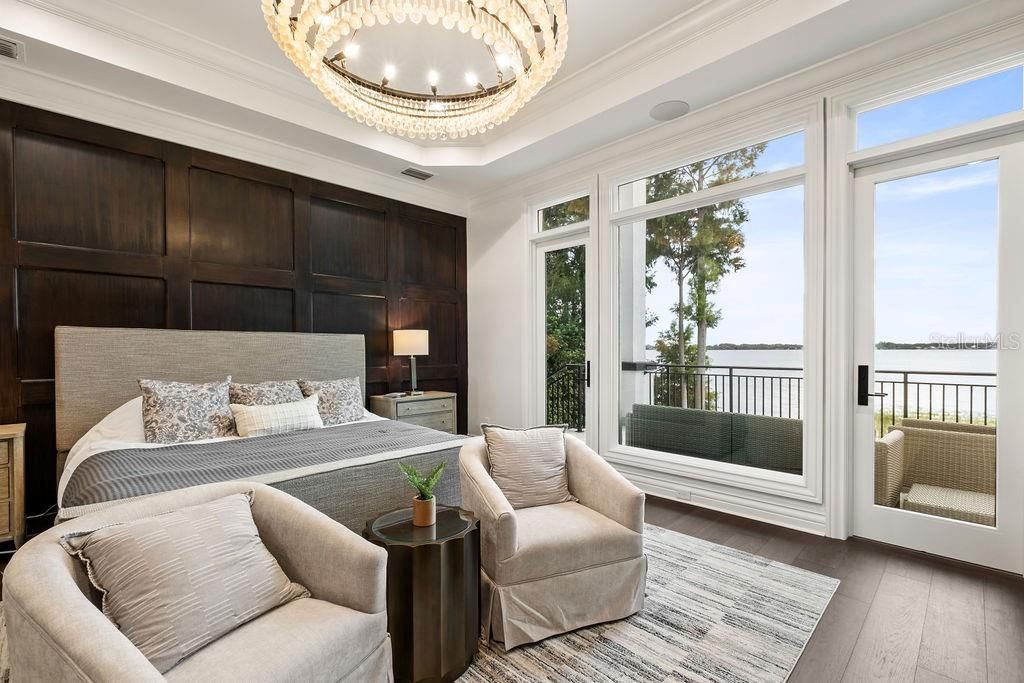 Bedroom, Chandelier, Interior, Water, Wood Texture Flooring
