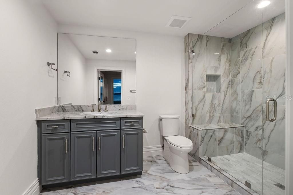 Bathroom, Glass Shower, Interior, Marble, Marble Walls, Recessed Lighting