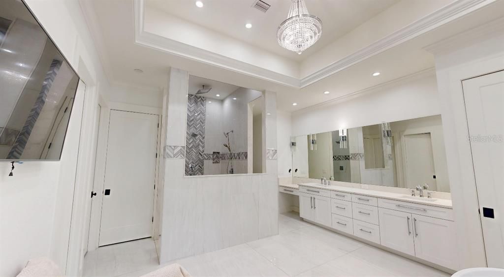 Bathroom, Chandelier, Dual Sink Vanities, Interior, Recessed Lighting