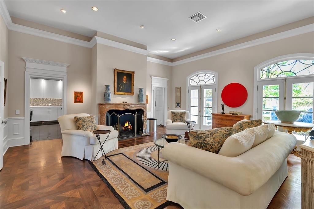 Fireplace, Interior, Living room, Recessed Lighting, Wood Texture Flooring