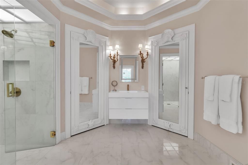 Bathroom, Dual Sink Vanities, Glass Shower, Interior, Marble, Marble Walls