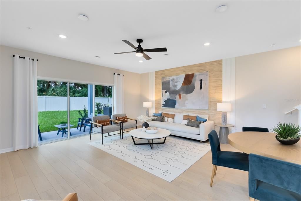 Dining room, Interior, Living room, Recessed Lighting, Wood Texture Flooring