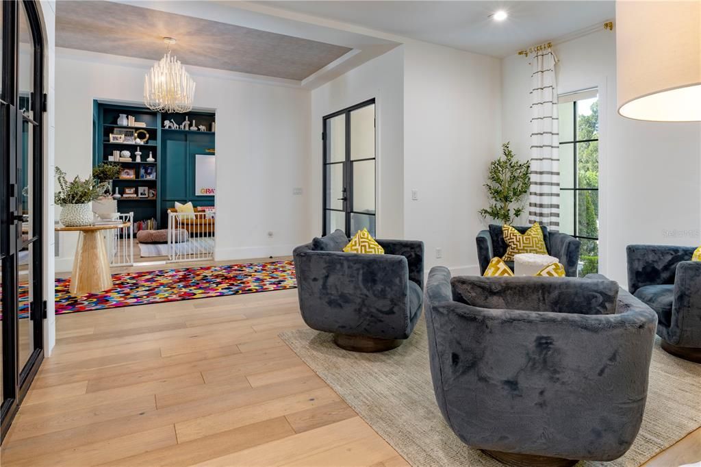 Chandelier, Interior, Living room, Recessed Lighting, Wood Texture Flooring