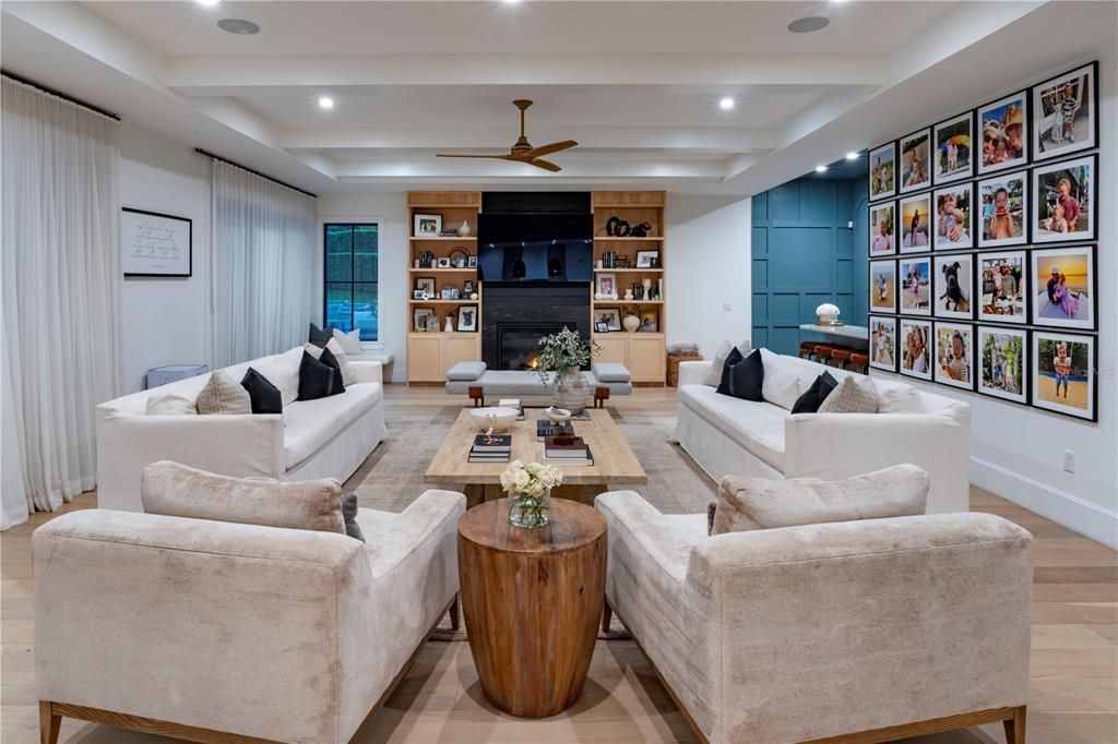 Fireplace, Interior, Living room, Recessed Lighting, Wood Texture Flooring