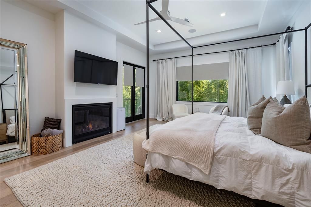 Bedroom, Fireplace, Interior, Recessed Lighting, Wood Texture Flooring