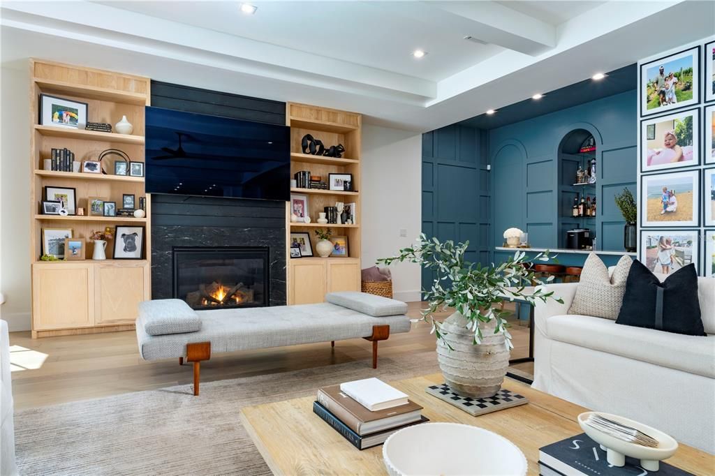 Fireplace, Interior, Living room, Recessed Lighting, Wood Texture Flooring