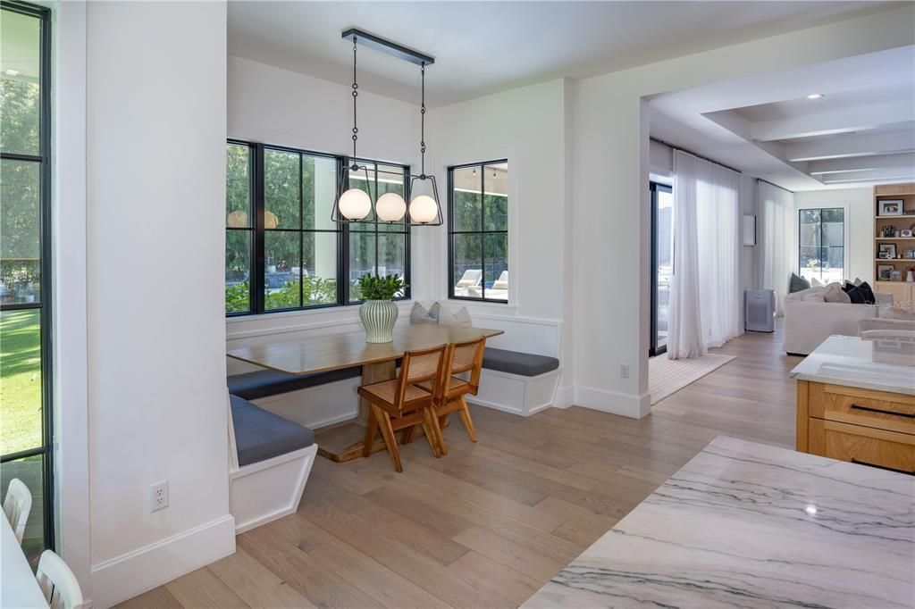 Dining room, Interior, Pendant Lights, Recessed Lighting, Wood Texture Flooring