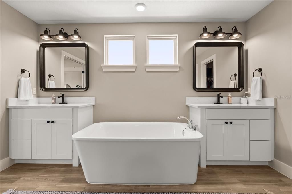 Bathroom, Dual Sink Vanities, Free Standing Baths, Interior, Wood Texture Flooring