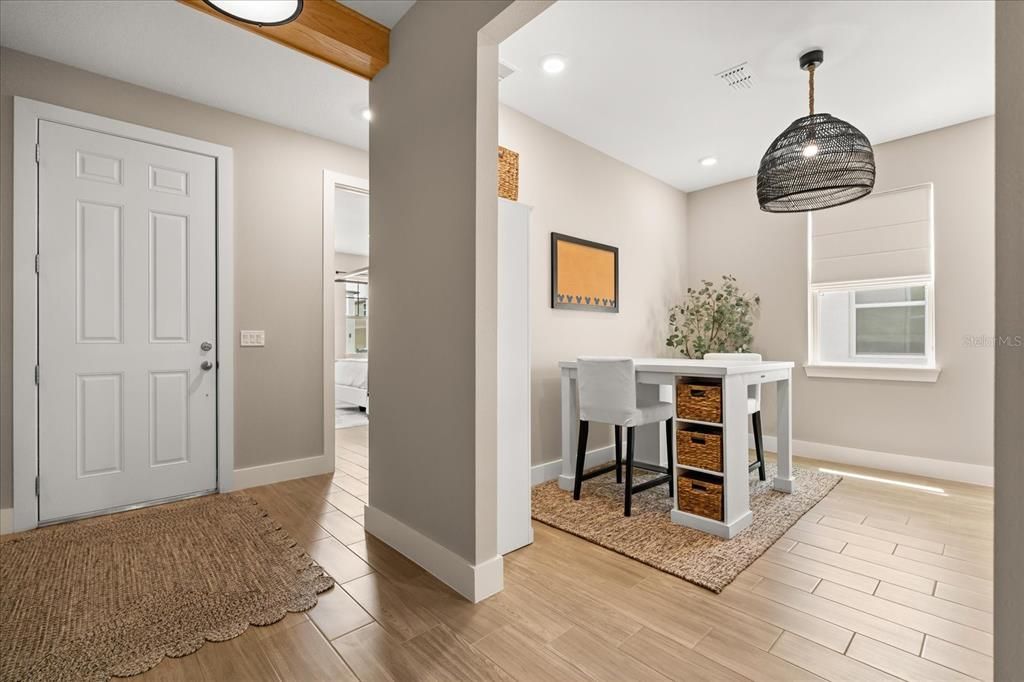 Home Office, Interior, Pendant Lights, Recessed Lighting, Wooden Beams, Wood Texture Flooring