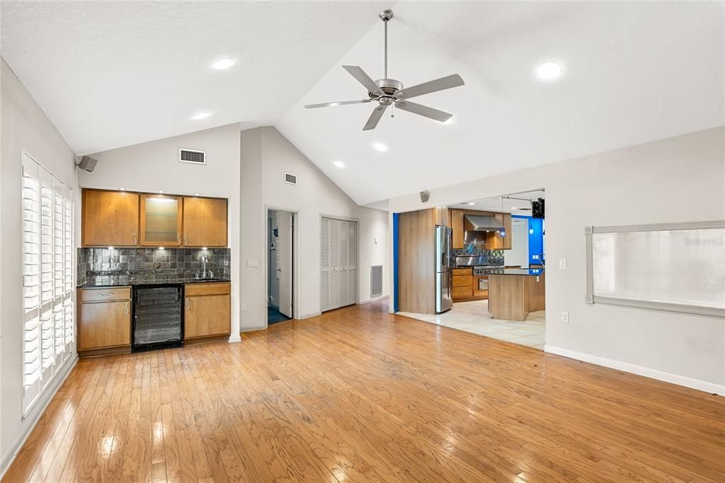 Empty room, Interior, Kitchen, Recessed Lighting, Wood Texture Flooring