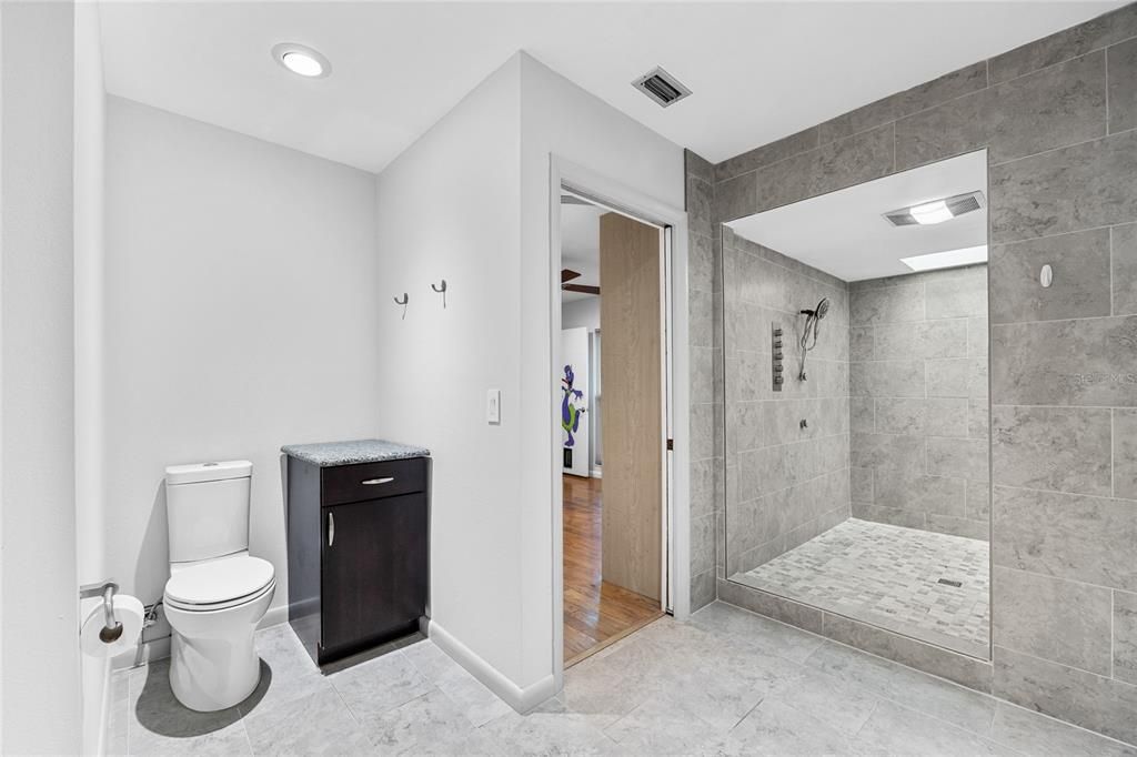 Bathroom, Glass Shower, Interior, Recessed Lighting, Wood Texture Flooring