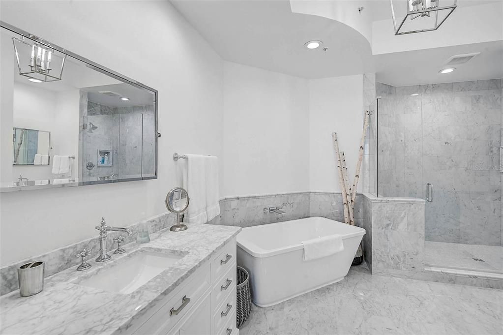 Bathroom, Free Standing Baths, Glass Shower, Interior, Marble, Marble Walls, Recessed Lighting