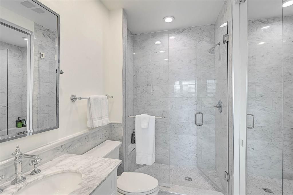 Bathroom, Glass Shower, Interior, Marble, Marble Walls, Recessed Lighting