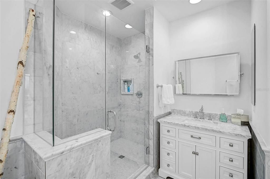 Bathroom, Glass Shower, Interior, Marble, Marble Walls, Recessed Lighting
