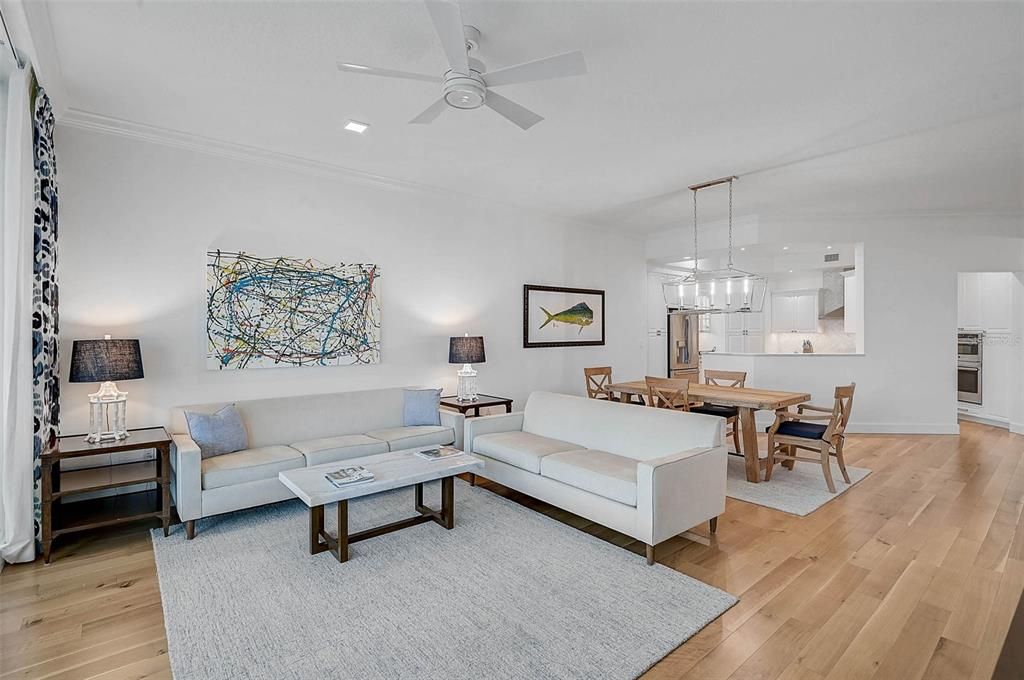 Dining room, Interior, Living room, Pendant Lights, Recessed Lighting, Wood Texture Flooring
