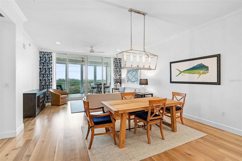Dining room, Interior, Pendant Lights, Recessed Lighting, Wood Texture Flooring