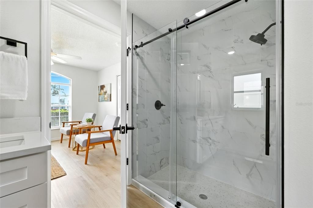 Bathroom, Glass Shower, Interior, Marble Walls, Wood Texture Flooring