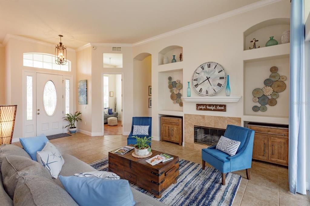 Chandelier, Fireplace, Interior, Living room