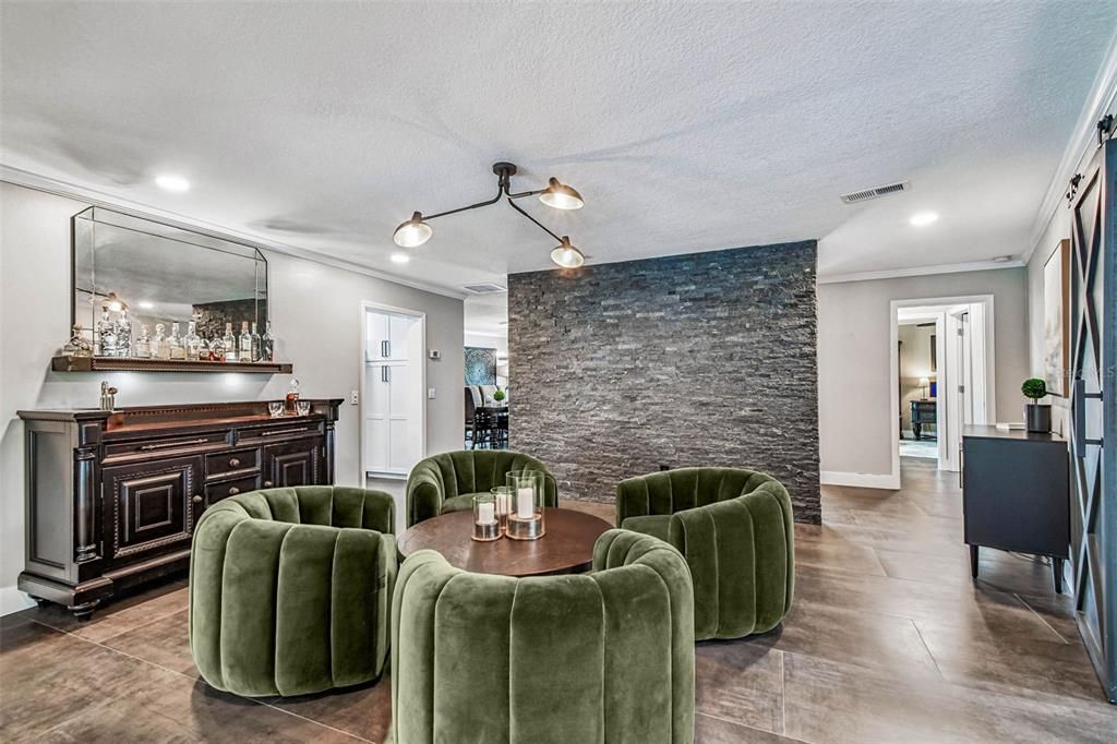 Fireplace, Interior, Living room, Recessed Lighting, Stone Walls