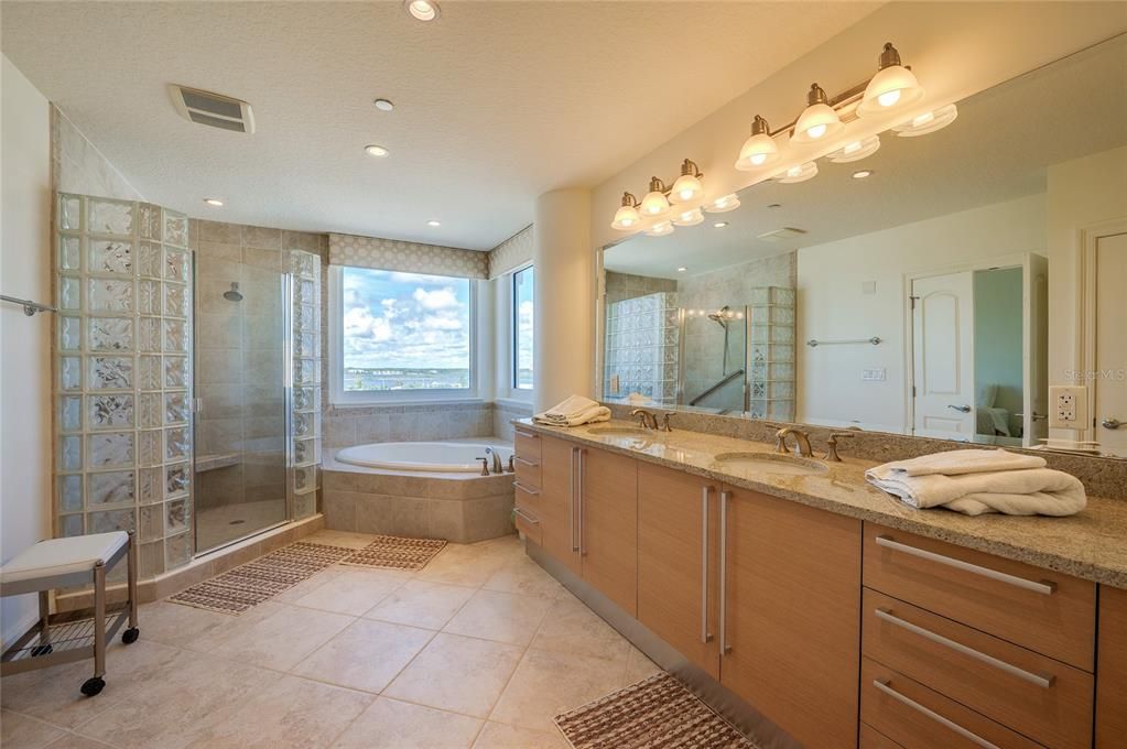 Bathroom, Dual Sink Vanities, Glass Shower, Interior, Recessed Lighting