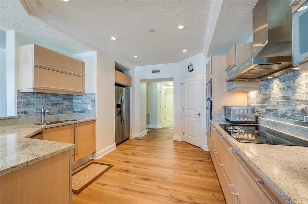 Interior, Kitchen, Recessed Lighting, Stainless Steel Appliances, Wood Texture Flooring
