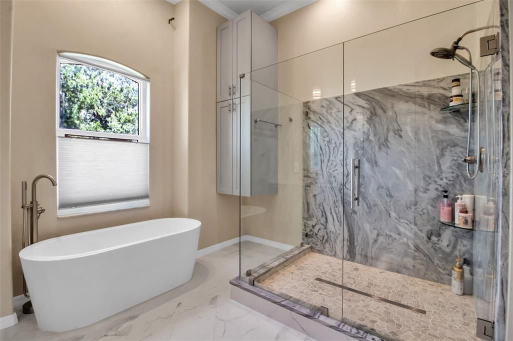 Bathroom, Free Standing Baths, Glass Shower, Interior, Marble, Marble Walls