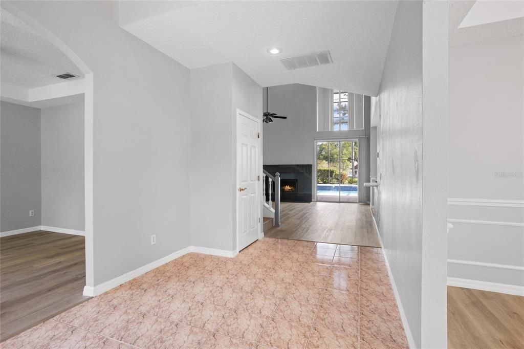 Empty room, Fireplace, Interior, Recessed Lighting, Wood Texture Flooring