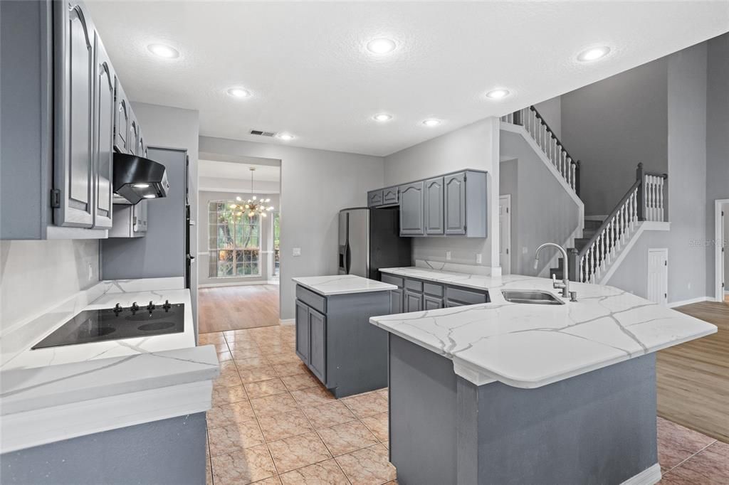 Interior, Kitchen, Pendant Lights, Recessed Lighting, Wood Texture Flooring