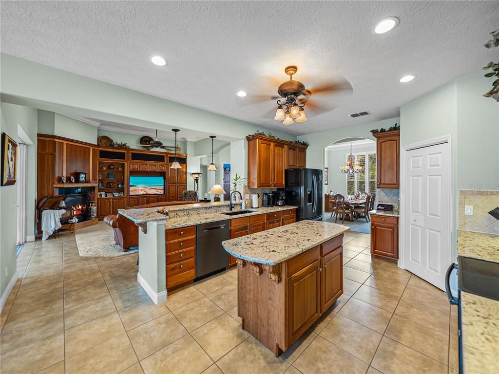 Chandelier, Dining room, Fireplace, Interior, Kitchen, Living room, Recessed Lighting