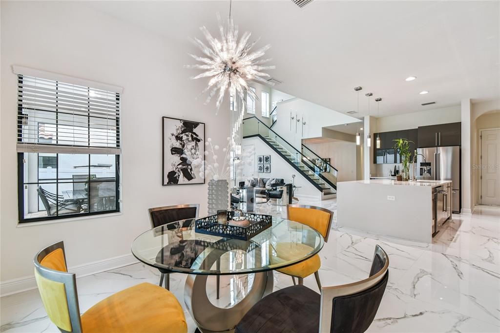 Dining room, Interior, Kitchen, Marble, Pendant Lights, Recessed Lighting, Stainless Steel Appliances