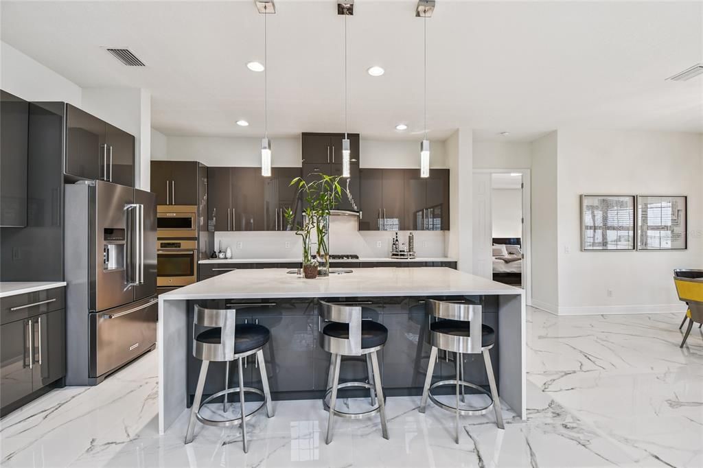 Interior, Kitchen, Marble, Pendant Lights, Recessed Lighting, Stainless Steel Appliances