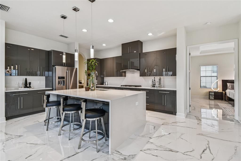 Interior, Kitchen, Marble, Pendant Lights, Recessed Lighting, Stainless Steel Appliances