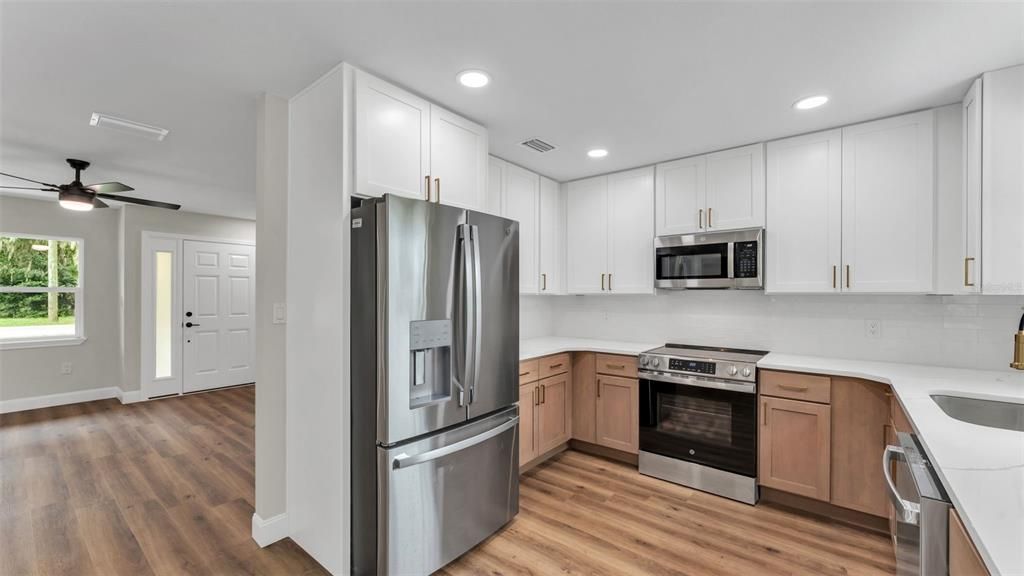 Interior, Kitchen, Recessed Lighting, Stainless Steel Appliances, Wood Texture Flooring