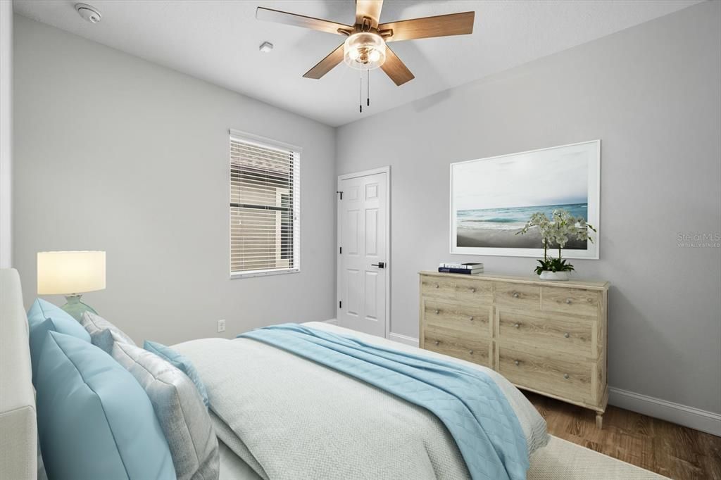 Bedroom, Interior, Recessed Lighting, Water, Wood Texture Flooring