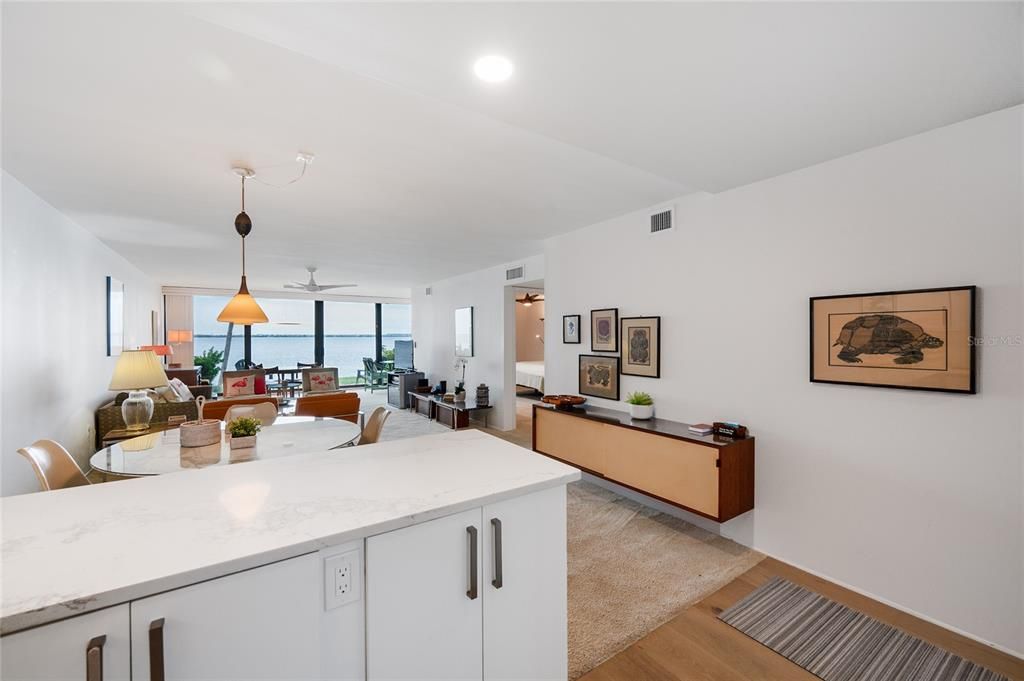 Dining room, Interior, Living room, Pendant Lights, Recessed Lighting, Water, Wood Texture Flooring
