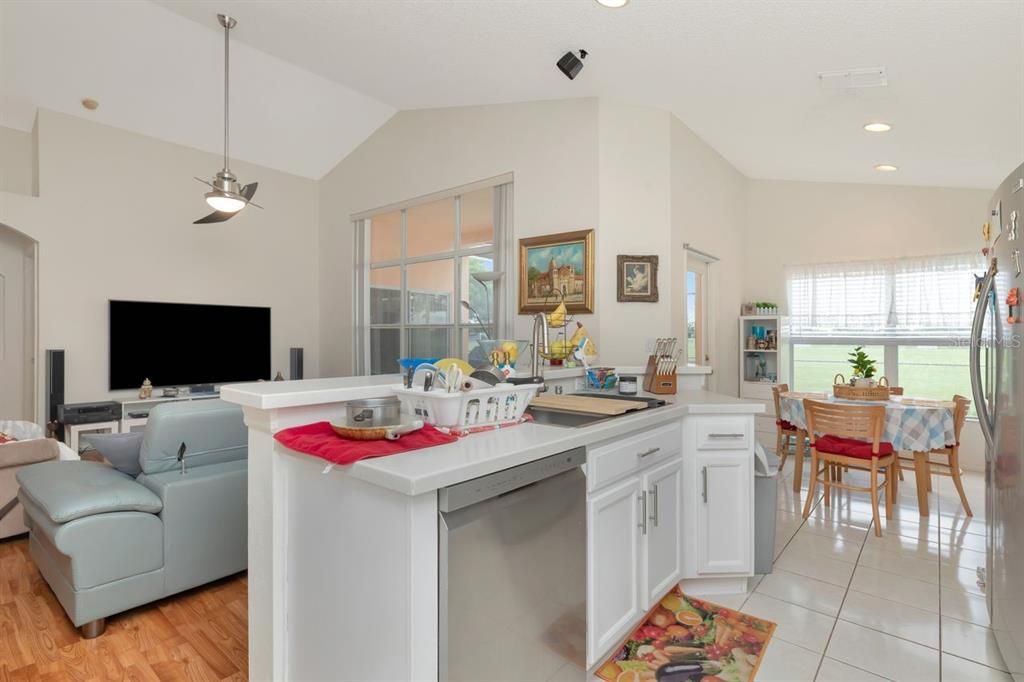Dining room, Interior, Kitchen, Living room, Pendant Lights, Recessed Lighting, Wood Texture Flooring