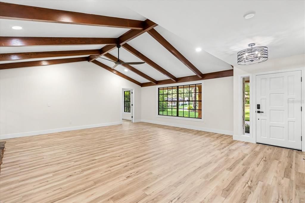 Empty room, Interior, Recessed Lighting, Wooden Beams, Wood Texture Flooring