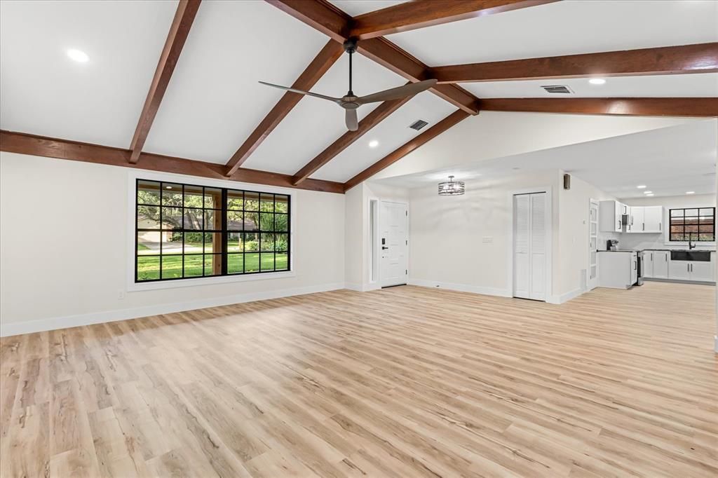 Empty room, Interior, Recessed Lighting, Wooden Beams, Wood Texture Flooring