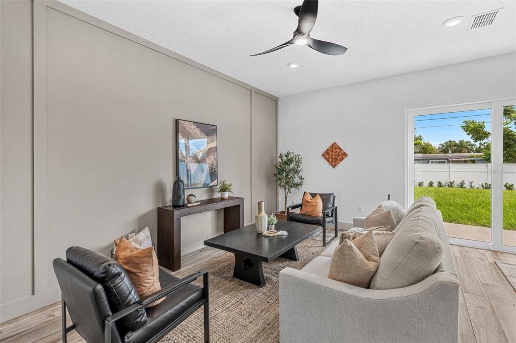 Interior, Living room, Recessed Lighting, Wood Texture Flooring