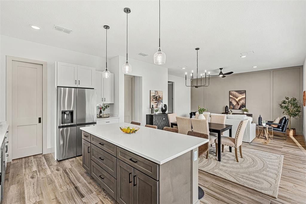 Dining room, Interior, Kitchen, Pendant Lights, Recessed Lighting, Stainless Steel Appliances, Wood Texture Flooring