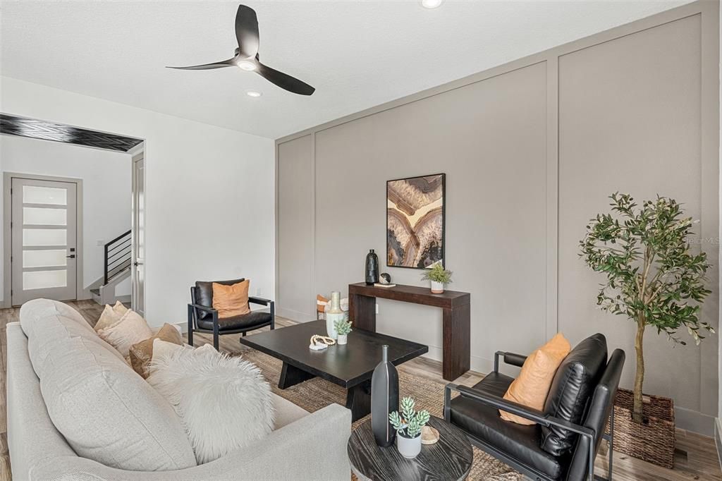 Interior, Living room, Recessed Lighting, Wood Texture Flooring