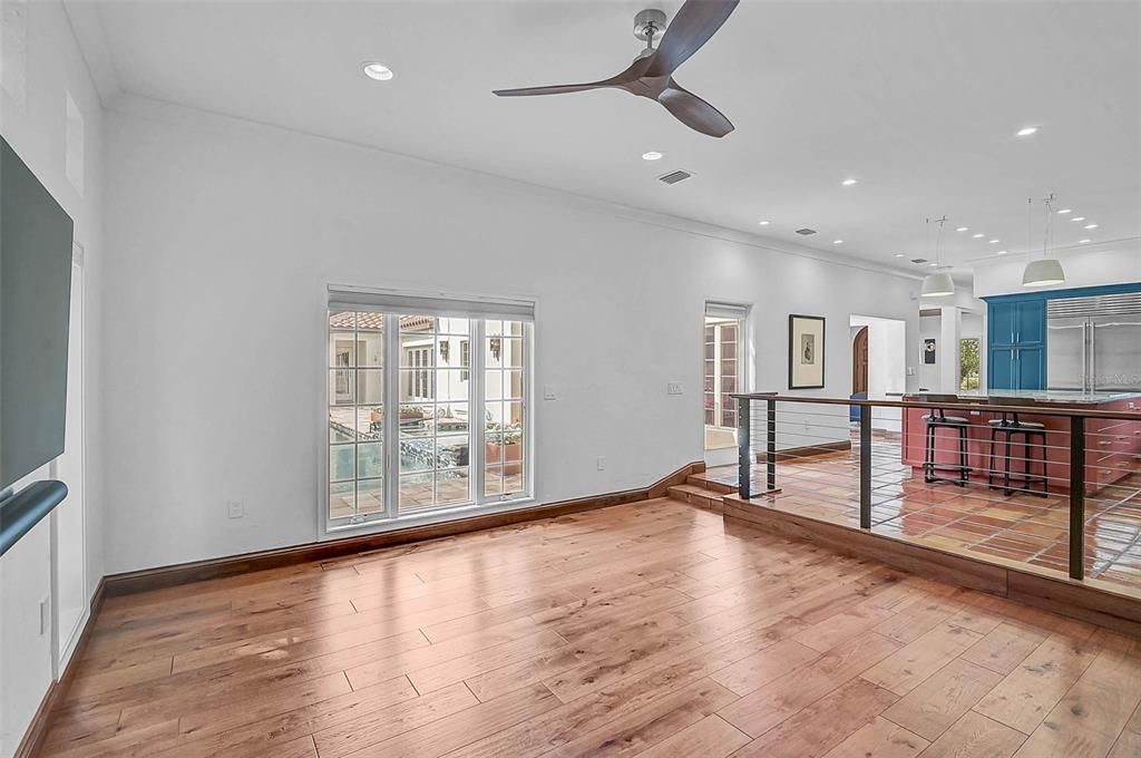 Empty room, Interior, Kitchen, Pendant Lights, Recessed Lighting, Wood Texture Flooring