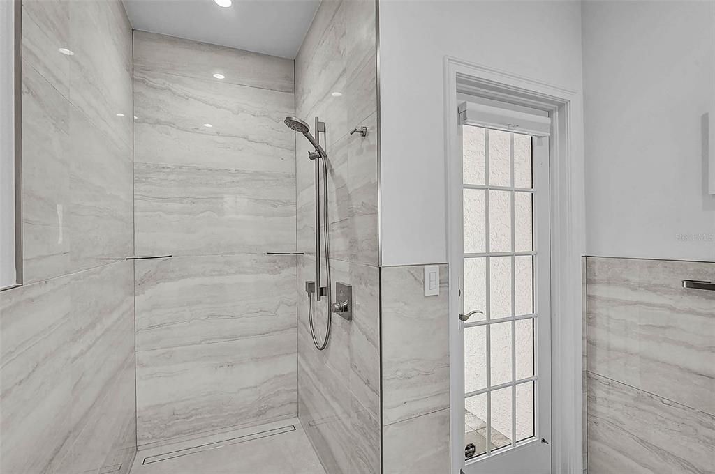 Bathroom, Glass Shower, Interior, Marble Walls, Recessed Lighting