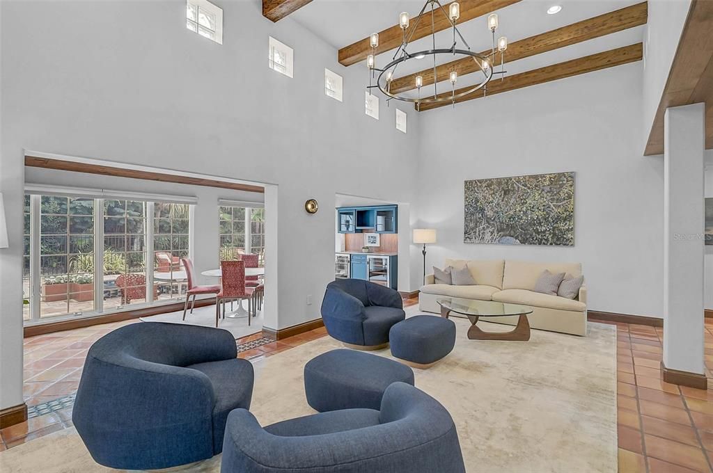Dining room, Interior, Living room, Pendant Lights, Recessed Lighting, Wooden Beams