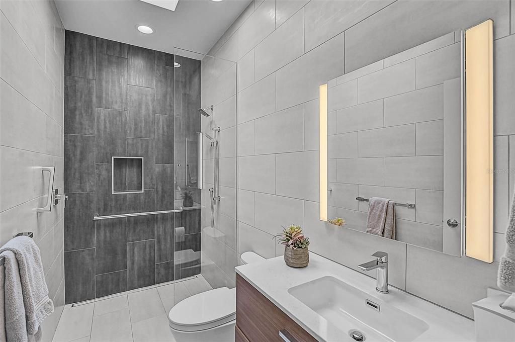 Bathroom, Glass Shower, Interior, Recessed Lighting