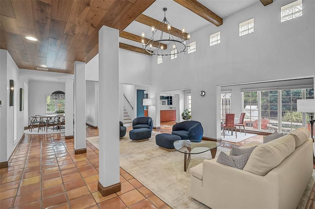 Chandelier, Dining room, Interior, Living room, Pendant Lights, Recessed Lighting, Wooden Beams, Wooden Ceilings