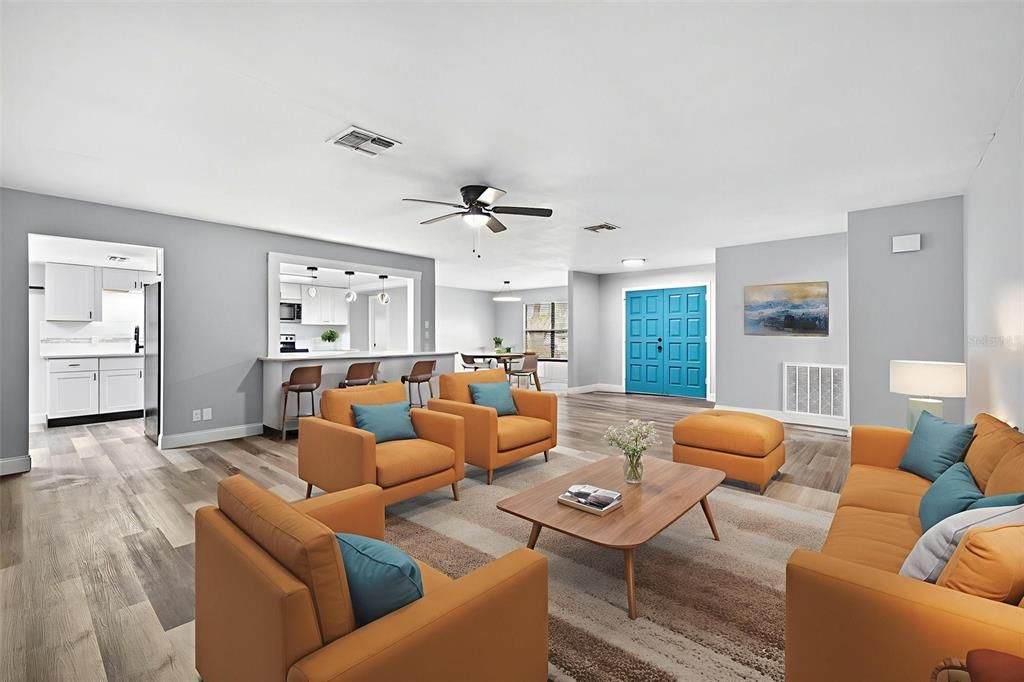 Interior, Kitchen, Living room, Recessed Lighting, Wood Texture Flooring