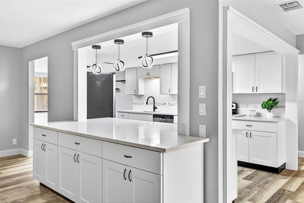 Interior, Kitchen, Pendant Lights, Wood Texture Flooring