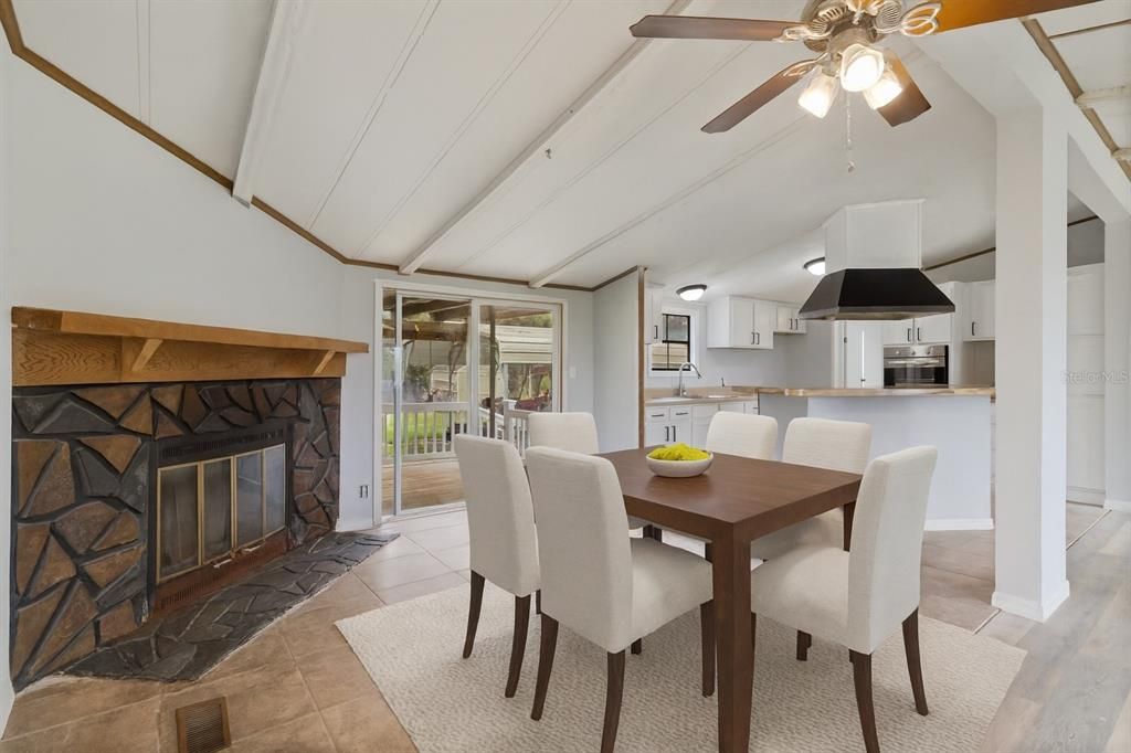 Dining room, Fireplace, Interior, Kitchen, Stainless Steel Appliances